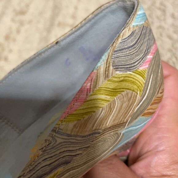 Vintage 70’s I. Magnin Silk Green Brown Pattern Heeled Pumps with bow Size 6B - Picture 10 of 11